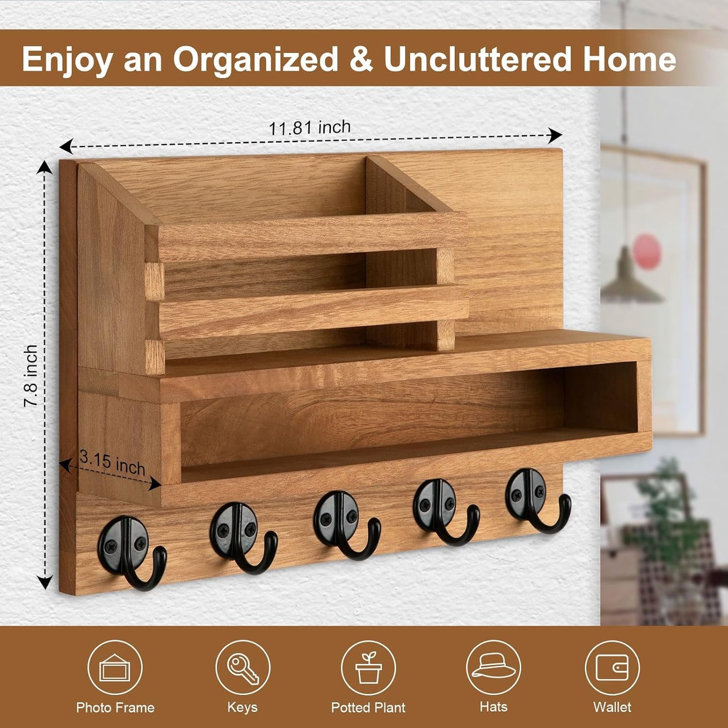 Key and Mail Holder Wall Mount, Key Hanger with Long Storage Box and 5 Hooks for Coat, Dog Leash, Home Decor Rack, House Accessories, Entry Way Organizer 11.8”W x 7.8”H x 3.2”D