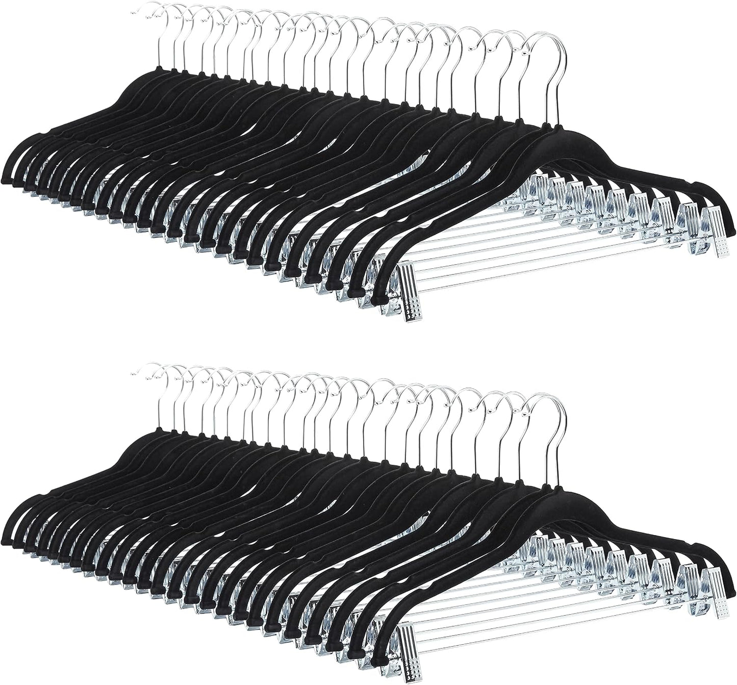 Amazon Basics Velvet Non-Slip Skirt Clothes Hangers with Clips, 360 Degree Rotatable Hook, Organize Pants and Skirts, Black/Silver, 24-Pack