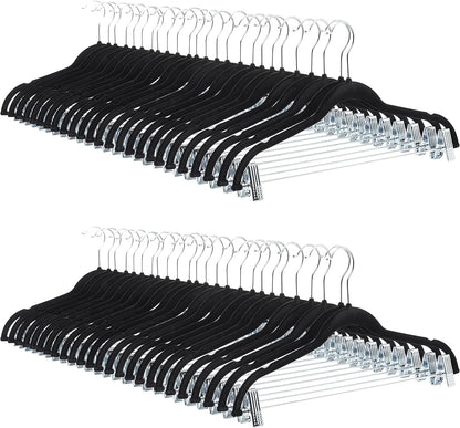 Amazon Basics Velvet Non-Slip Skirt Clothes Hangers with Clips, 360 Degree Rotatable Hook, Organize Pants and Skirts, Black/Silver, 24-Pack