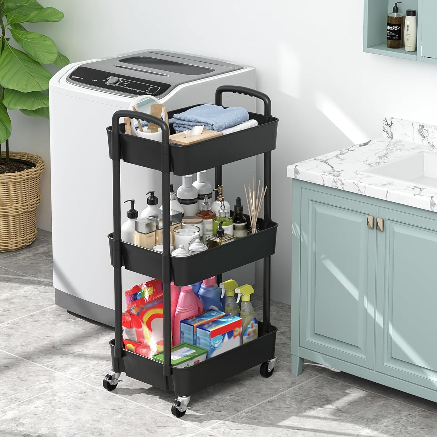 Sywhitta 4-Tier Plastic Rolling Utility Cart with Handle, Multi-Functional Storage Trolley for Office, Living Room, Kitchen, Movable Storage Organizer with Wheels, Black