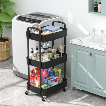 Sywhitta 4-Tier Plastic Rolling Utility Cart with Handle, Multi-Functional Storage Trolley for Office, Living Room, Kitchen, Movable Storage Organizer with Wheels, Black