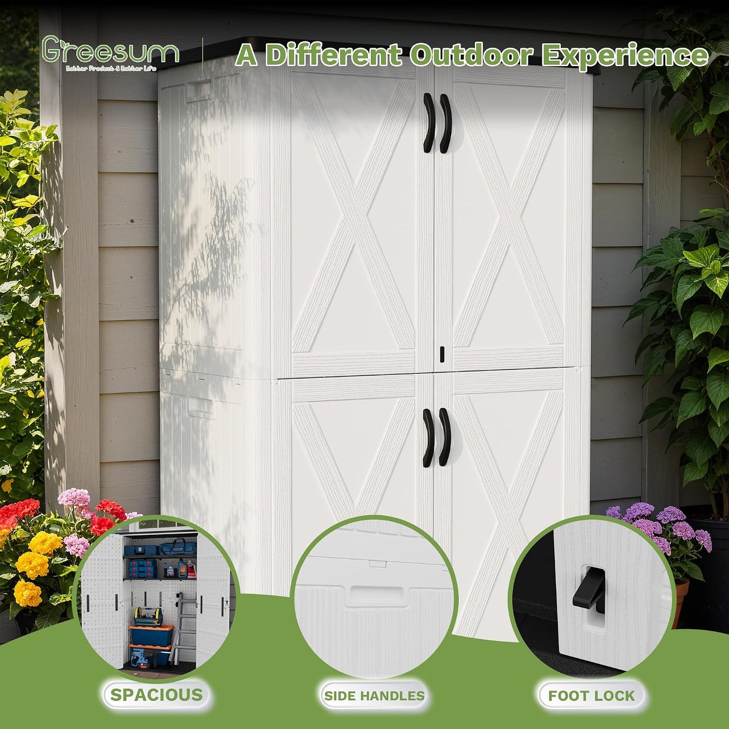 Greesum Outdoor Storage Cabinet, 26 CUFT Deck Box Without Shelves, Waterproof Plastic Storage Shed for Patio Cushions, Gardening Tools, Lockable and Sidehandles, UV Resistant, Beige