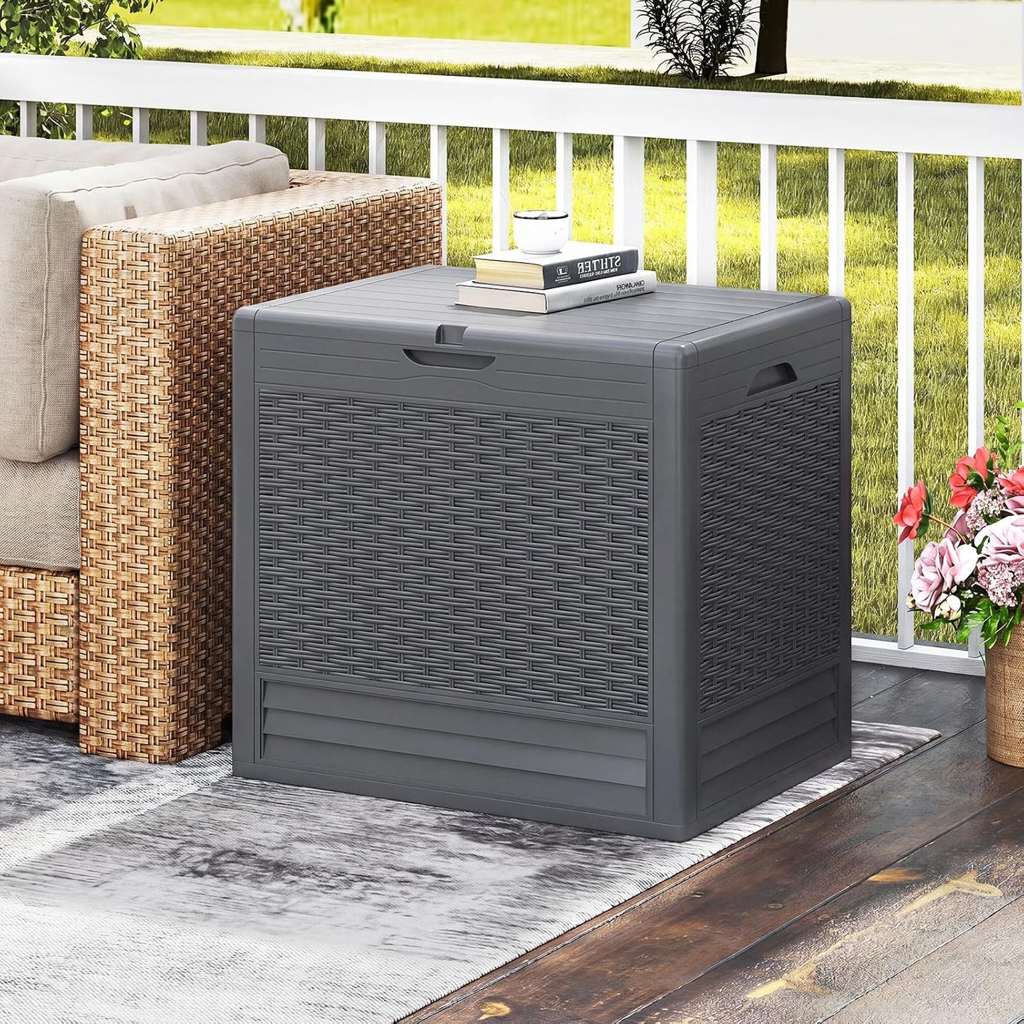 Tangkula 25 Gallon Waterproof Outdoor Storage Box with Lockable Lid | PP Resin, Wicker Patterned, Indoor Outdoor Use, Portable, Versatility, for Deck, Pool, Patio Cushions, Garden Tools
