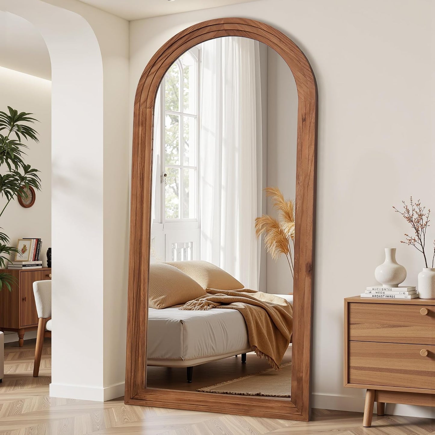 Antok Full Length Mirror with Solid Wood Frame, 71"×32" Wall Mounted Oversized Floor Mirror with Stand, Leaning Standing Hanging for Bedroom Living Room Entryway, Walnut, Arched Syle