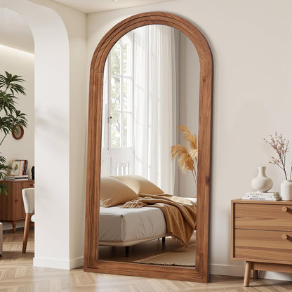 Antok Full Length Mirror with Solid Wood Frame, 71"×32" Wall Mounted Oversized Floor Mirror with Stand, Leaning Standing Hanging for Bedroom Living Room Entryway, Walnut, Arched Syle