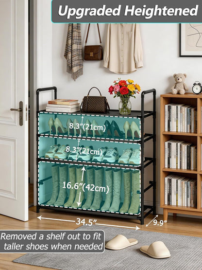 5 Tier Tall Shoe Rack Large Capacity, 34.5" Wide Entryway Shoe Organizer, Stackable Metal Frame Waterproof Nonwoven Shelves, Holds 20-25 Pairs, Space Saving Storage for Closet Hallway Garage, Black