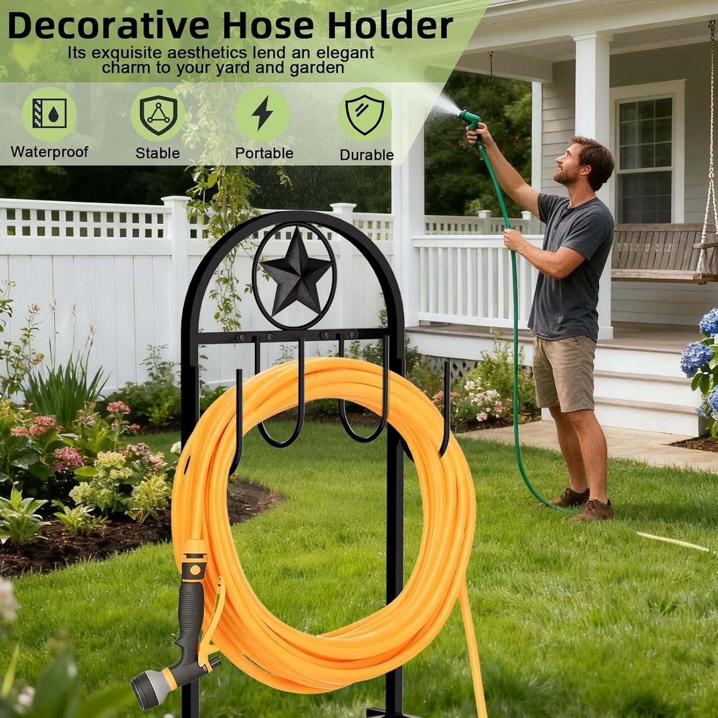 Garden Hose Holder -Upgraded Hose Holder Holds 100-feet Hose,Freestanding Heavy Duty Hose Hanger,Sturdy Hose Stand for Lawn & Yard,Black