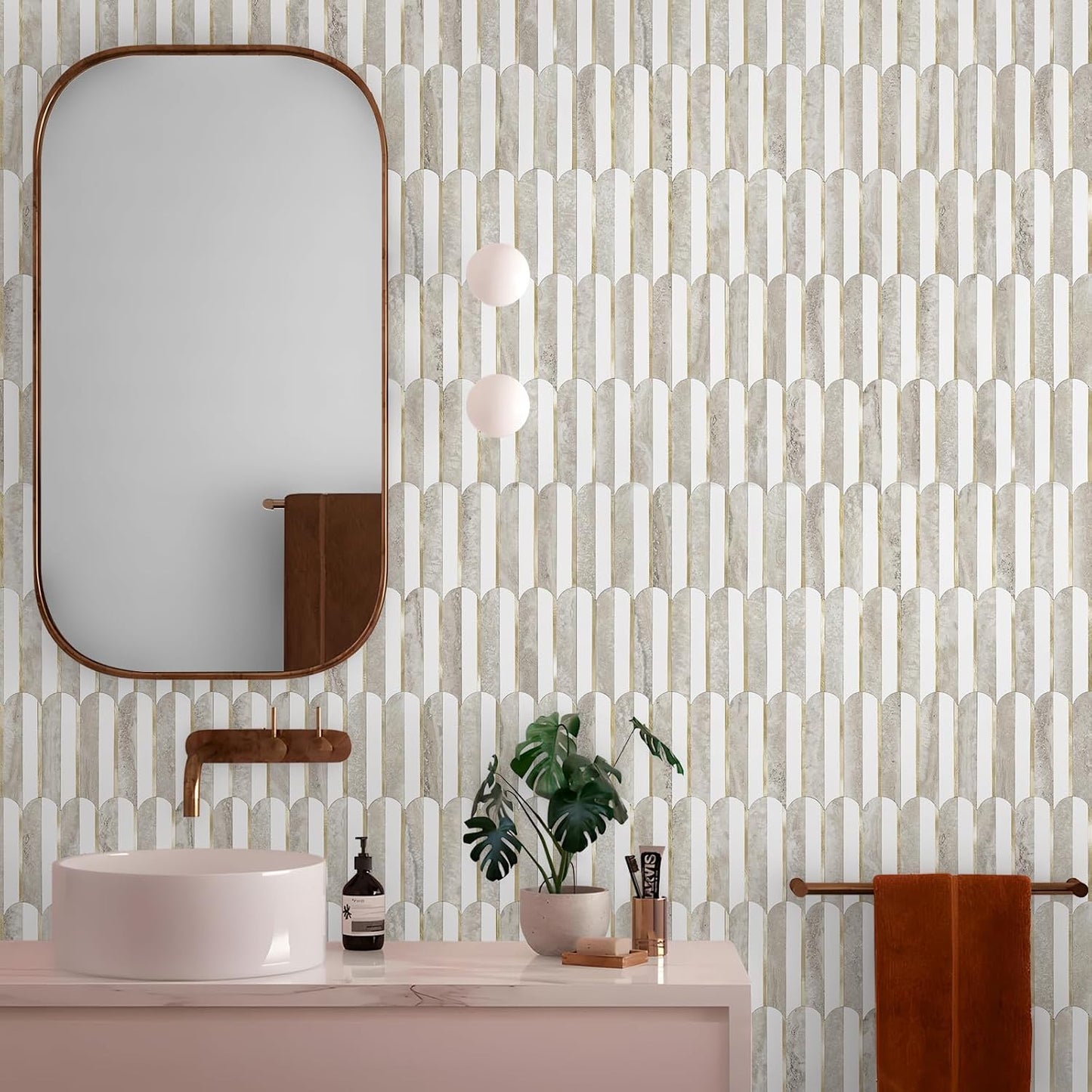 Vamos Peel and Stick Backsplash Seamless Tile for Kitchen and Bathroom,White and Beige Slate PVC Mixed Light Gold Self Adhesive Fish Scale Metal Mosaic Tiles (10 Sheets)