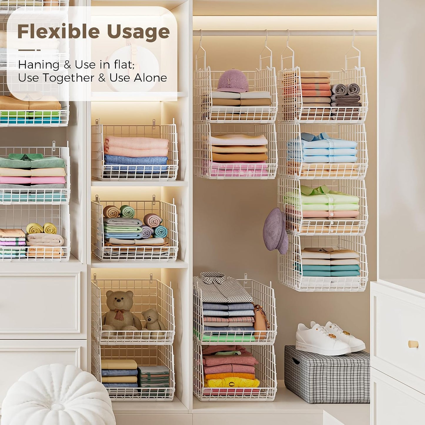 8-Tier Extended Depth Hanging Closet Organizers and Storage for Closet System, Stackable Closet Shelves with 4 Adjustable Dividers for Clothes Sweaters Purses, Wire Hanging Basket Fits Closet Laundry