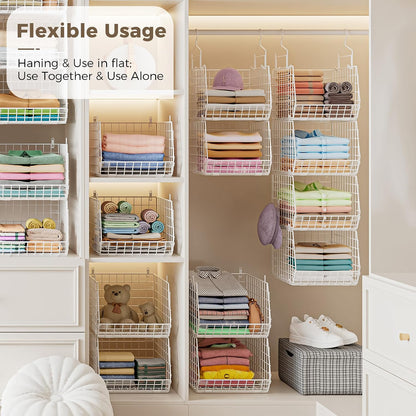 8-Tier Extended Depth Hanging Closet Organizers and Storage for Closet System, Stackable Closet Shelves with 4 Adjustable Dividers for Clothes Sweaters Purses, Wire Hanging Basket Fits Closet Laundry