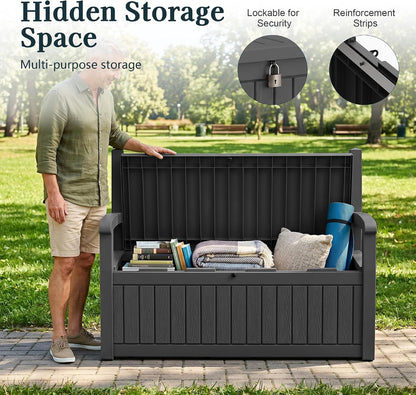 Outdoor Bench, Waterproof Garden Bench with Storage, 100 Gallon Lockable Resin Deck Box, Weatherproof Bench Seating for Patio Yard Cushions Tools, Black