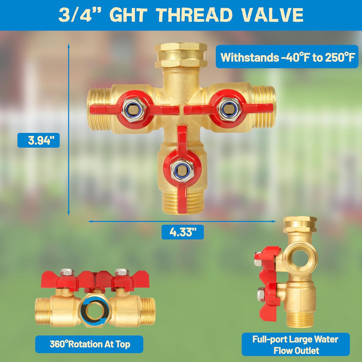Hose Splitter 2 Way Heavy Duty, Upgrade Full Flow Brass Garden Hose Splitter Connector, Outdoor Water Spigot Splitter with Long Handle, Y Valve 3/4 Inch GHT Thread