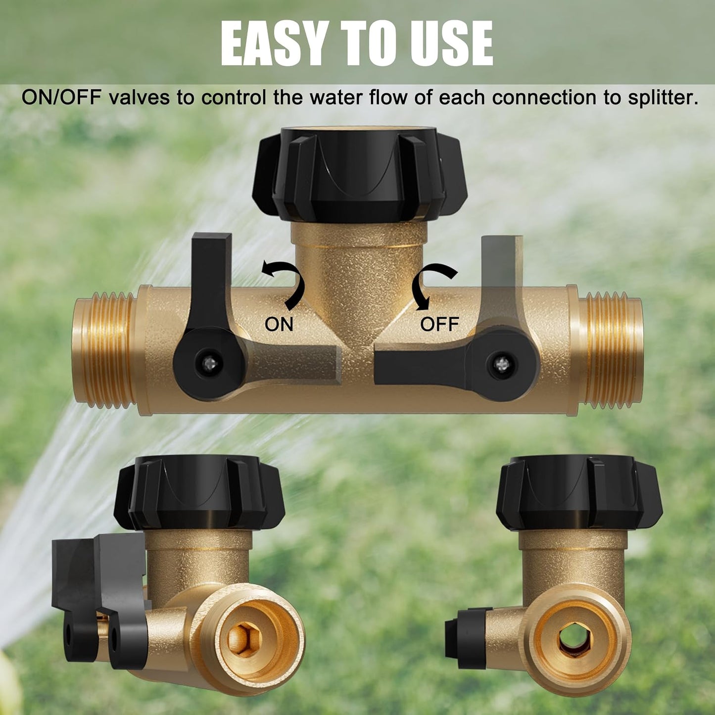 YANWOO Garden Hose Splitter, Heavy Duty Metal 180 Degree T Type with Shut-Off Valves, 3/4" High Flow Spigot Faucet Connectors with 2 Extra Silicone Washers