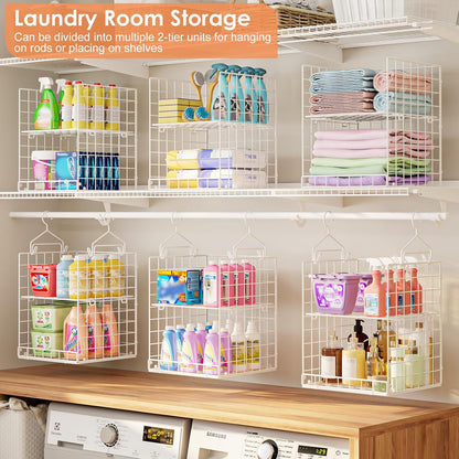 Yuyetuyo 5 Tier Closet Hanging Organizer and Storage Separable Hanging Closet Shelves with 4 Hooks 2 Adjustable Dividers, Wire Storage Basket Bins for Clothing Sweaters Socks Dolls Handbags, Foldable