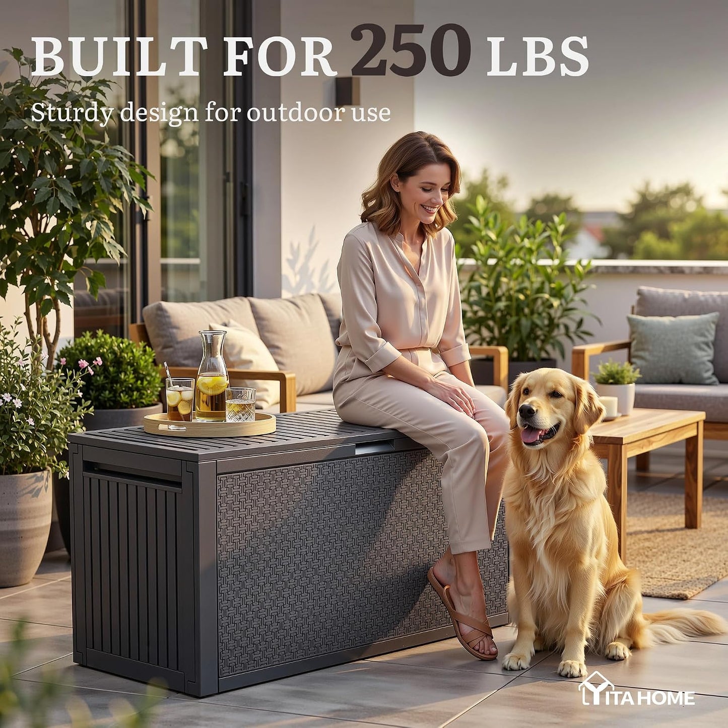 YITAHOME 100 Gallon Large Outdoor Deck Box | Waterproof Resin Storage Box, Lockable Indoor Outdoor Storage Container for Patio Furniture Cushions, Pool Accessories