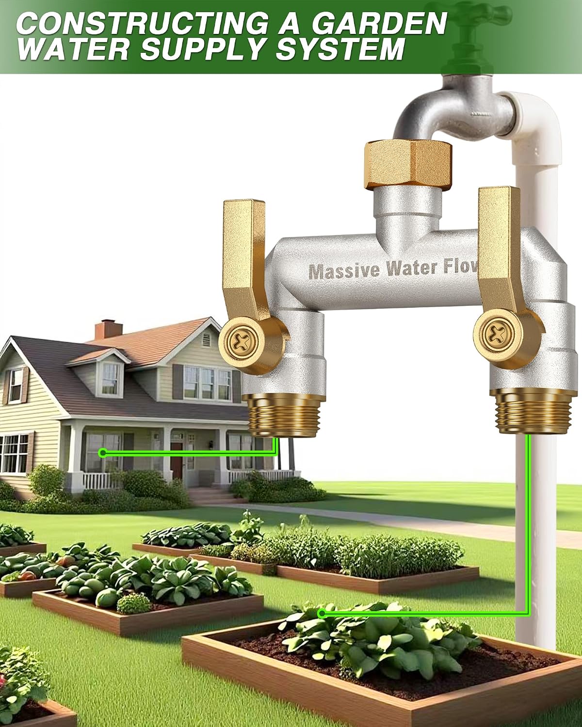 Hose Splitter 2 Way Heavy Duty, Solid Brass Full Flow Outdoor Faucet and Garden Hose Splitters, Water Spigot Splitter T Adapter, All Metal Water Connector with Shut-Off Valve, 3/4 - Inch GHT Thread