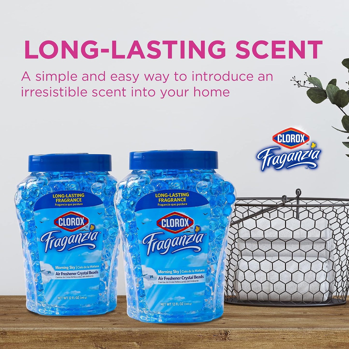 Clorox Fraganzia Crystal Beads Air Freshener, Long Lasting Room Deodorizer and Odor Eliminator Gel Beads to Freshen Home, Car, or Office, Fresh Ocean Breeze Scent, 12 Fl Oz - 2 Pack