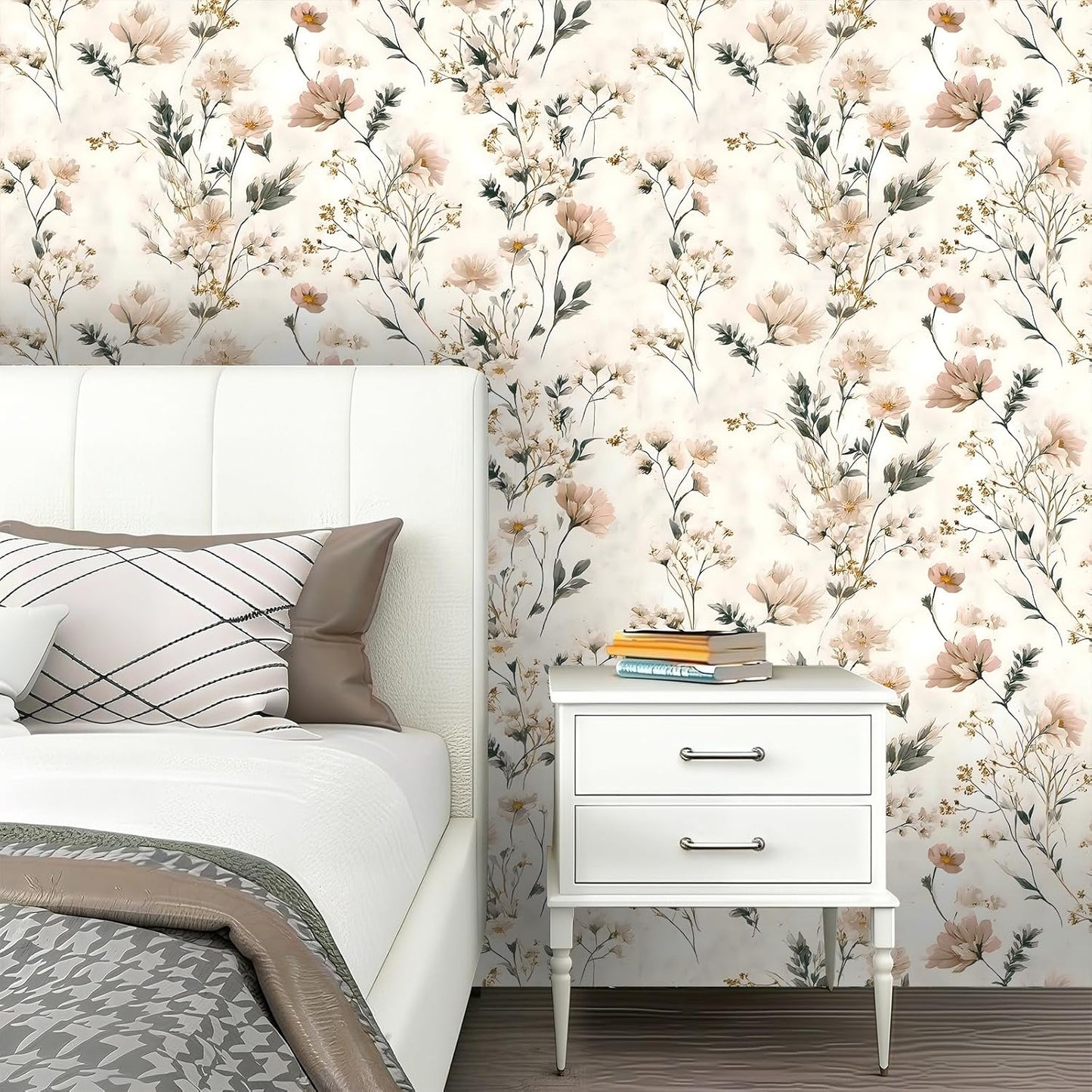 Peel and Stick Wallpaper, Soft Wildflower Botanical Contact Paper, PVC Vinyl Removable Wall Covering, Waterproof Easy-Clean, No Residue Renter Friendly, Neutral Decor, 39.4x17.3 in (Flowers2)