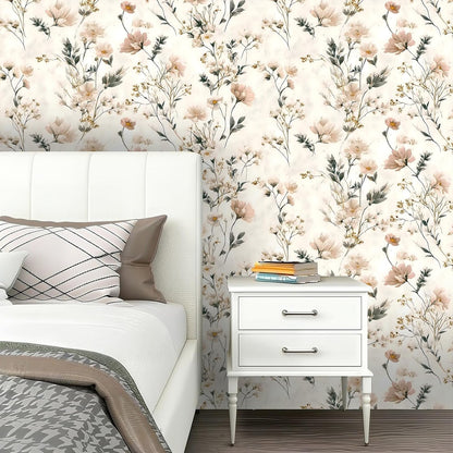 Peel and Stick Wallpaper, Soft Wildflower Botanical Contact Paper, PVC Vinyl Removable Wall Covering, Waterproof Easy-Clean, No Residue Renter Friendly, Neutral Decor, 39.4x17.3 in (Flowers2)