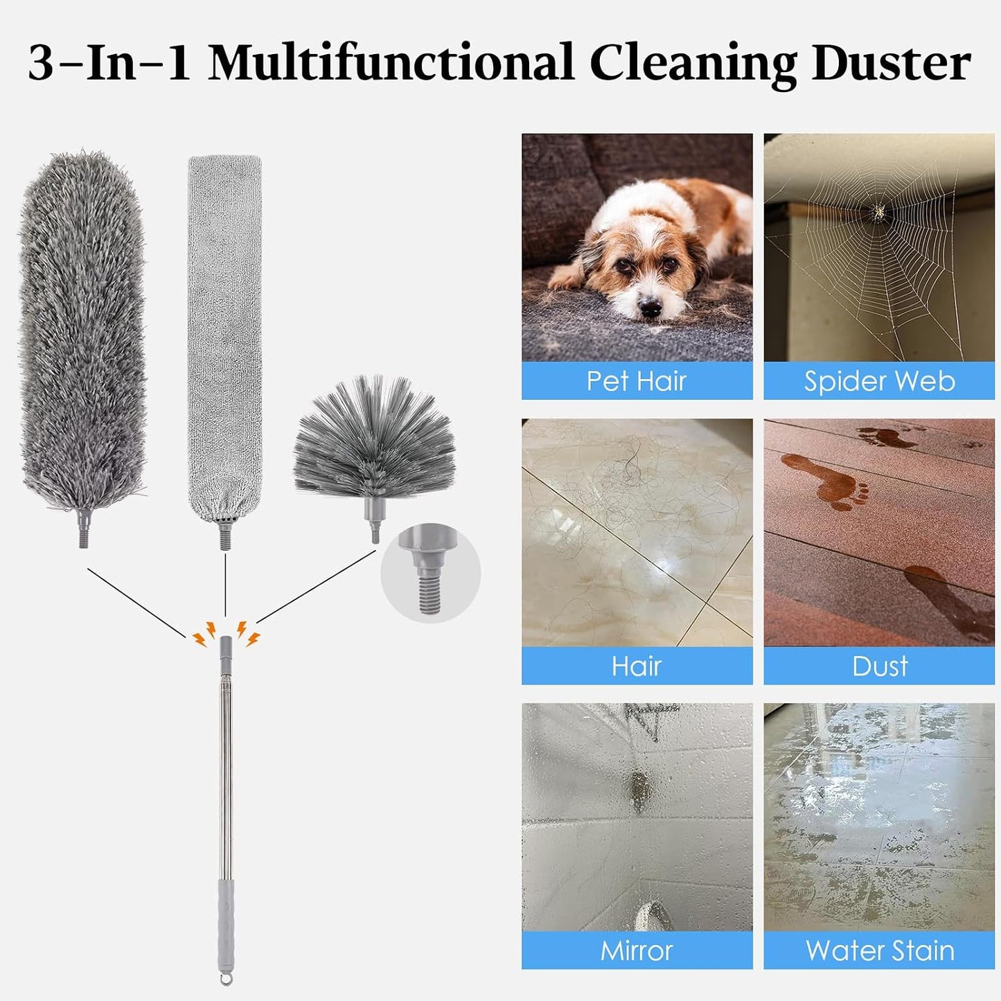 Microfiber Feather Duster 5-in-1 Kit with Extension Pole, Washable Cleaning Duster Set with 3 Duster Heads, Cobweb Duster, Corner Brush, 100'' Extendable Long Duster for High Ceilings, Fans, Furniture
