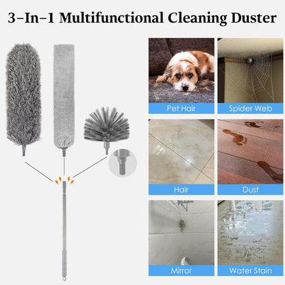Microfiber Feather Duster 5-in-1 Kit with Extension Pole, Washable Cleaning Duster Set with 3 Duster Heads, Cobweb Duster, Corner Brush, 100'' Extendable Long Duster for High Ceilings, Fans, Furniture
