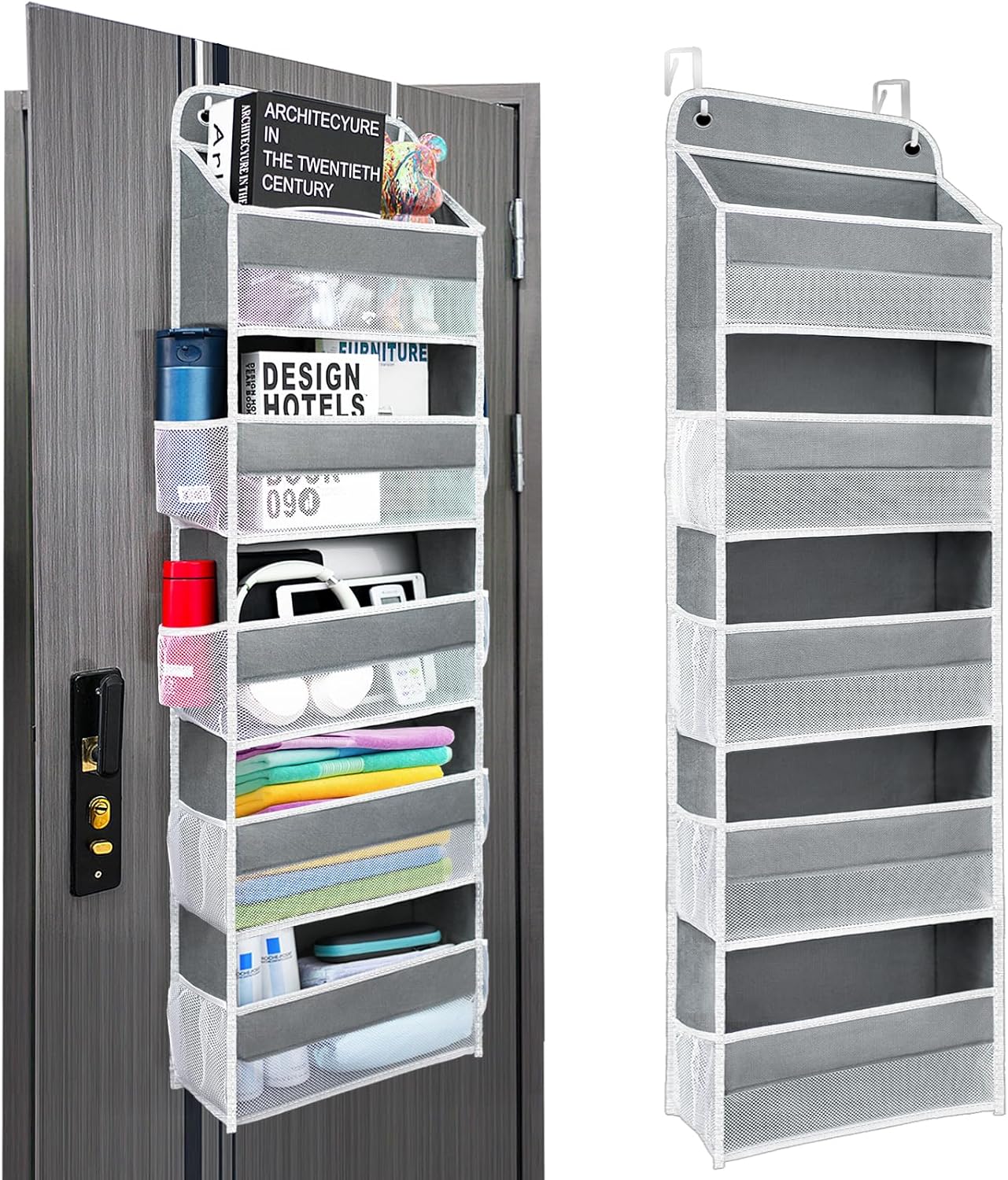 Over The Door Organizer with LifetimeWarranty, 4 Shelves & 4 Side Pockets, Large Storage Rack Holds 44lb, Heavy-Duty Reinforced Mesh Shelf for Bathroom, Closet, Toy Organization, Shoes, Towels, Grey