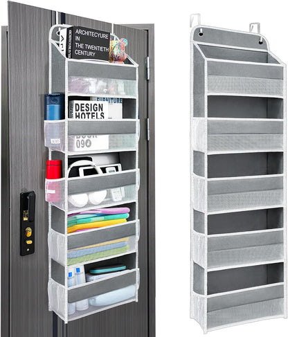 Over The Door Organizer with LifetimeWarranty, 4 Shelves & 4 Side Pockets, Large Storage Rack Holds 44lb, Heavy-Duty Reinforced Mesh Shelf for Bathroom, Closet, Toy Organization, Shoes, Towels, Grey