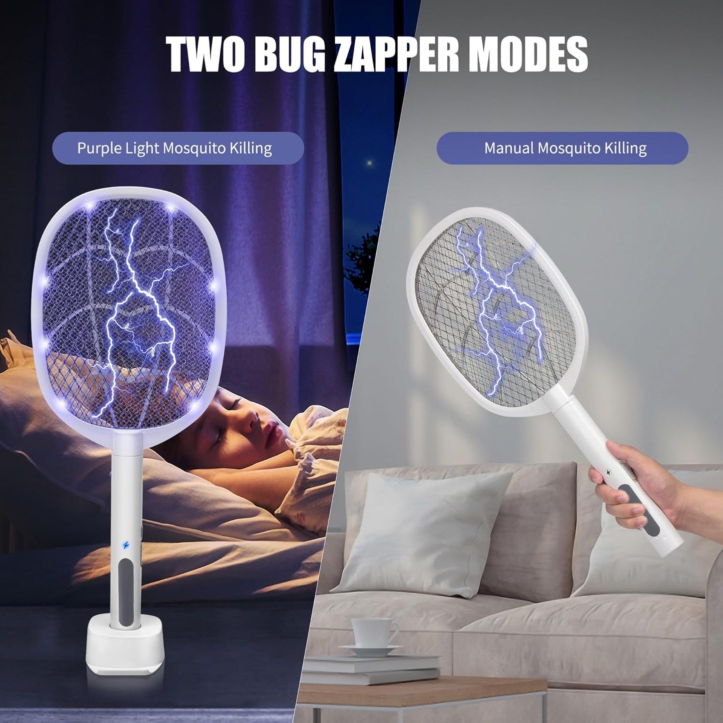 Lulu Home 2-in-1 Electric Bug Zapper Racket, 2 Pack 4000V High Voltage LED Lighted Handheld Mosquito Swatter with 3 Layer Safety Mesh, USB Charging Portable Fly Killer Racquet