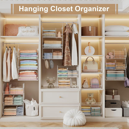 Jautokerdar 4 Tier Hanging Closet Organizer with Dividers,Extra Large Storage Hanging Shelf with 5 S Hooks 4 Dividers,Hang on Wire Closet Shelving Clothes Organizer-Black