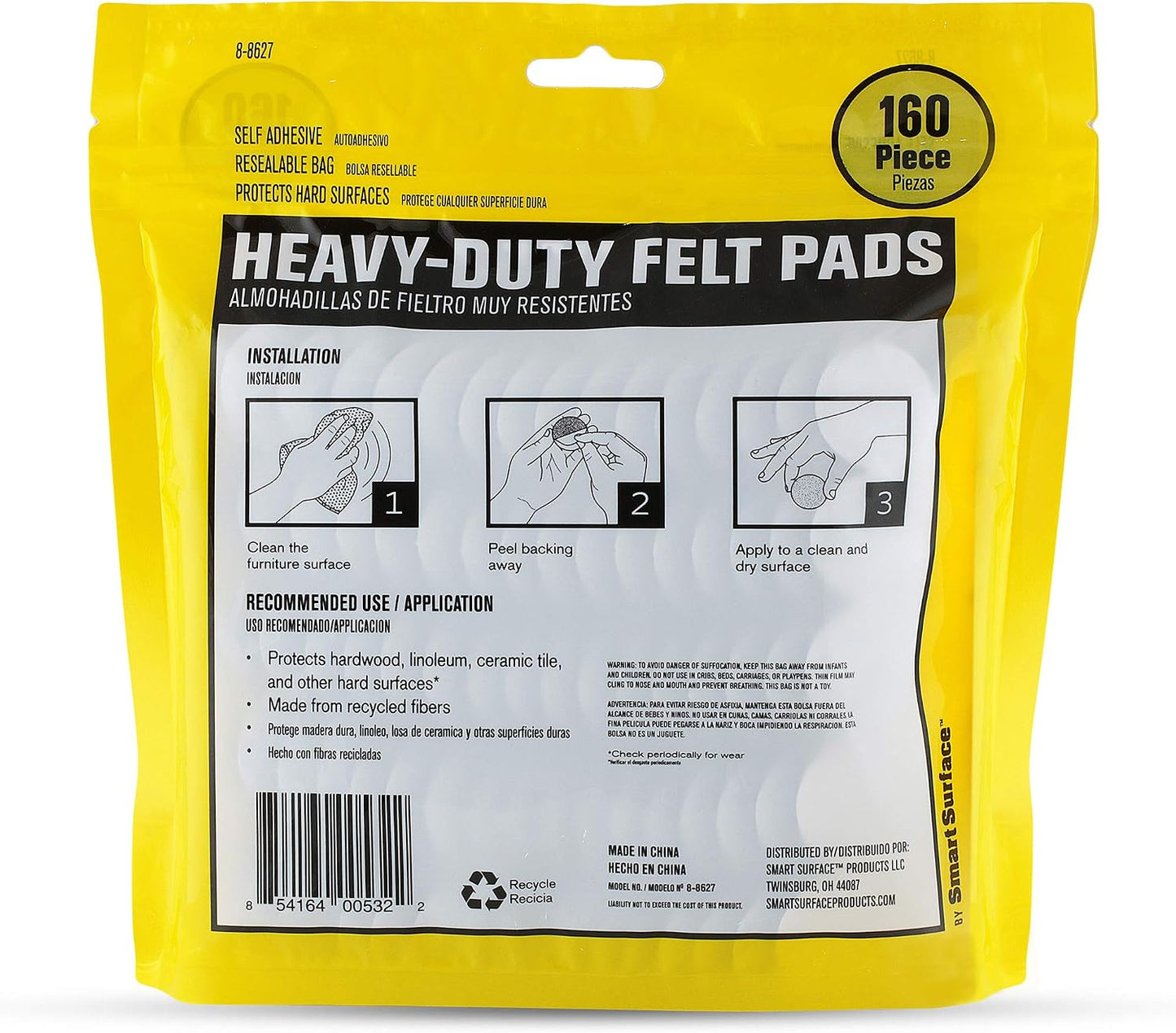 Smart Surface 8827 Heavy Duty Self Adhesive Furniture Felt Pads 1-Inch Round Brown 160-Piece Value Pack in Resealable Bag