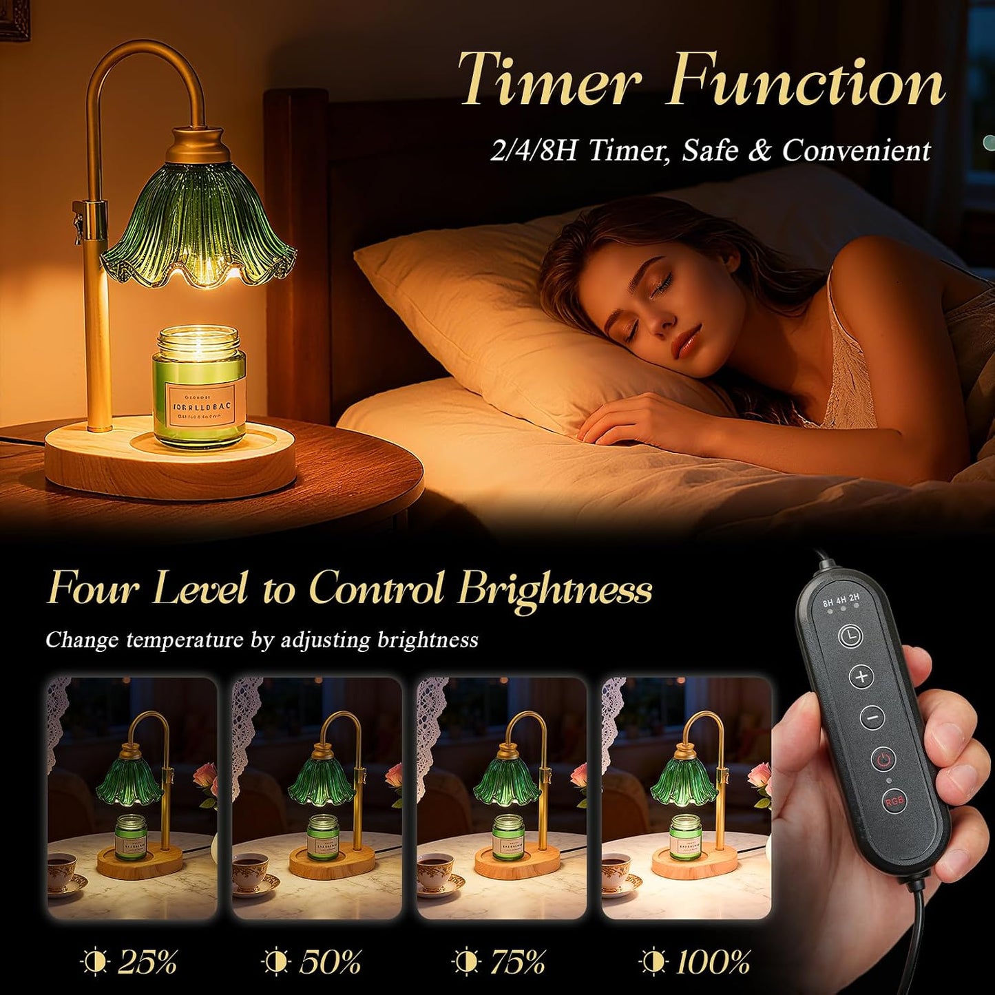 Candle Warmer Lamp with Adjustable Height - Flameless 4-Level Dimmable Wax Warmer, Timer Function & Stylish Design in Multiple Colors (Green)