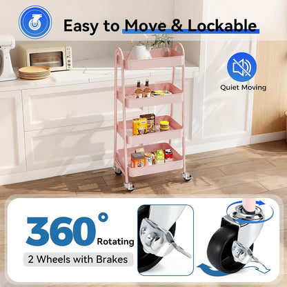 OLIXIS Metal 4 Tiers Utility Rolling Cart, Mobile Storage Shelf with Lockable Caster Wheels, Organization for Livingroom, Bathroom, Kitchen, & Narrow Places, 4-Tier Green