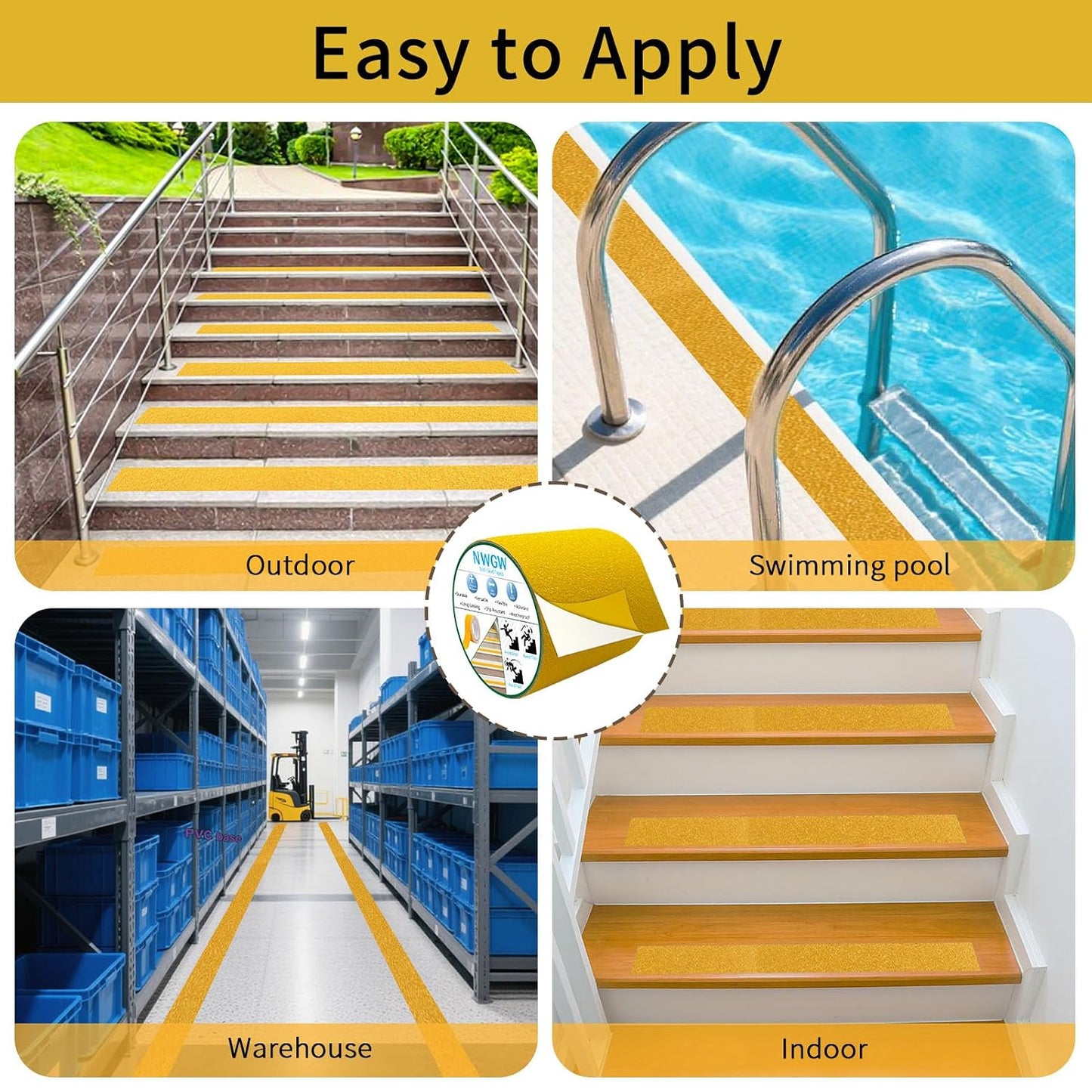 Waterproof Tape for Pools, 2" x15FT Heavy Duty Anti Slip Stair Treads Outdoor Tape Non-Slip Rubber Grip Tape Shower Strips Slip Resistant Tape Traction Tape for Stairs Showers Bathroom Trails