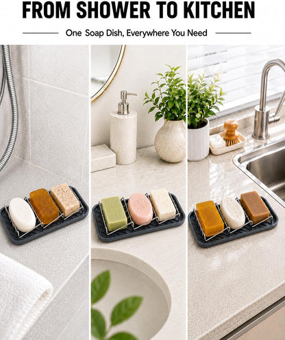 OZNER 304 Stainless Steel 3 Bar Soap Holder, Self Draining Soap Dish for Shower, Shampoo Bar Holder with Detachable Silicone Tray, Rust Proof Soap Saver for Bathroom Sink & Kitchen