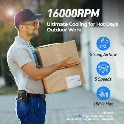 AMACOOL Portable Waist Fan Clip On, MAX 40H Work Time, 10000mAh Rechargeable Wearable Shirt Fan with Light, 16000RPM Powerful 5 Speed Belt Fans Personal Cooling Fans for Outdoor Jobsite Camping Travel