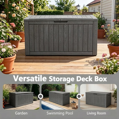 Outdoor Storage Box, 31 Gallon Resin Deck Boxes Outdoor Waterproof For Patio Furniture, Garden Tools, Pool Supplies, Lockable And UV Resistant (Rattan Gray)