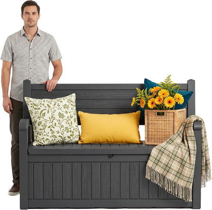 Outdoor Bench, Waterproof Garden Bench with Storage, 100 Gallon Lockable Resin Deck Box, Weatherproof Bench Seating for Patio Yard Cushions Tools, Black