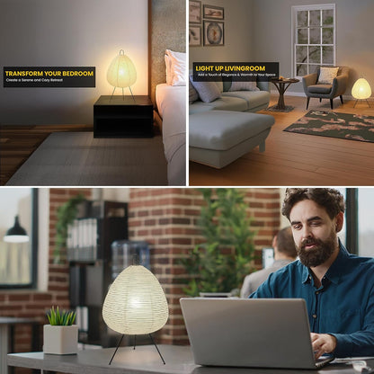 Japanese Paper Lantern Lamp – Rice Paper Noguchi Style Table Lamp with Dimmable Light & Washi Paper Shade (Akari Style) for Bedroom Desk Decor