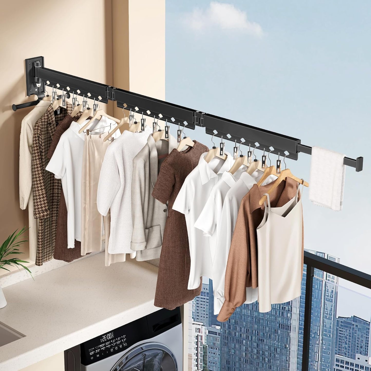 Wall Mounted Tri-Fold Clothes Drying Rack, Heavy Duty Collapsible Laundry Drying Rack, Space-Saving Retractable Foldable Drying Rack Clothes for Laundry Room Balcony Bathroom,Black-Hooks