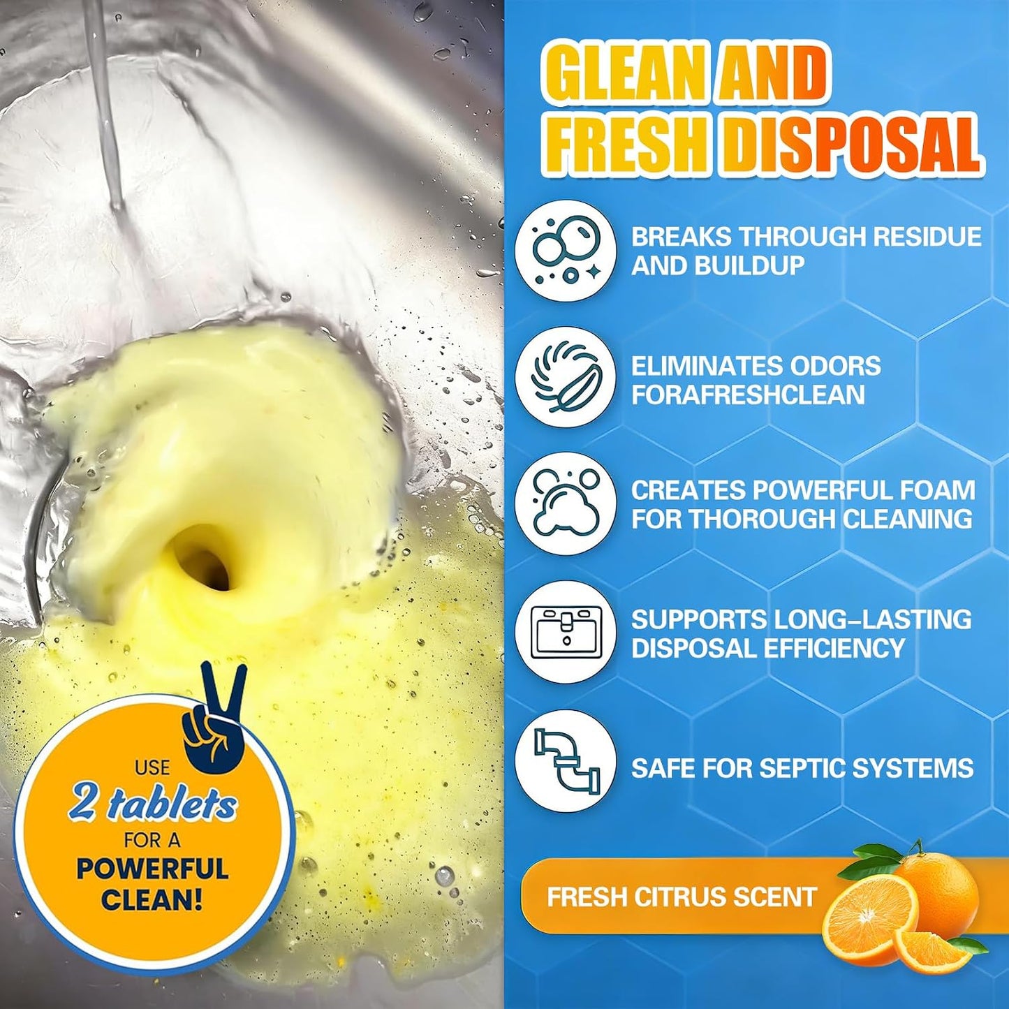 SOPAMI Garbage Disposal Cleaner Deodorizer Tablets 12 Pack 1 Year Supply | Powerful XL Foaming Sink Garburator Disposer Freshener, Natural Kitchen Drain Cleaning Care with Fresh Citrus Scent