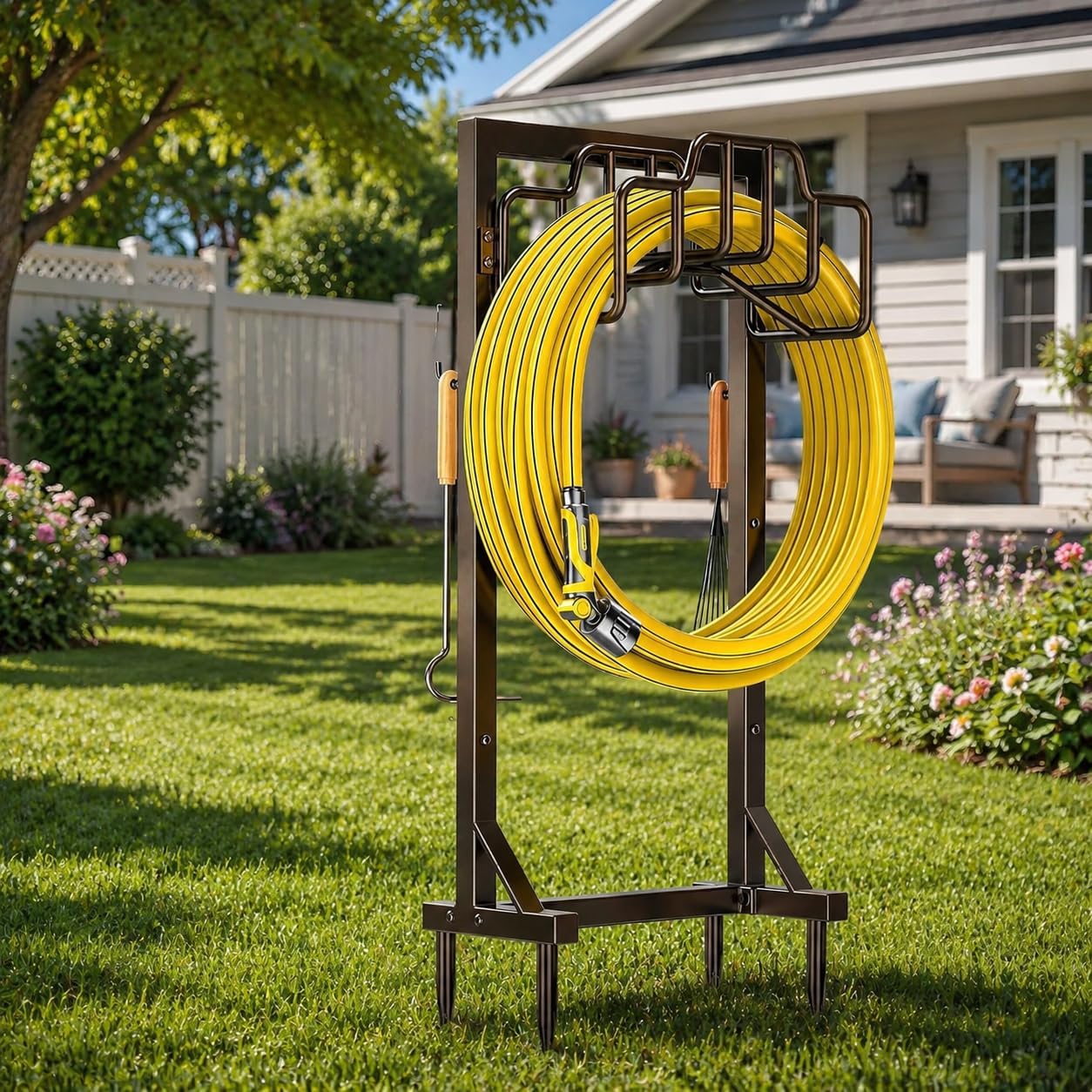 Skycarper Garden Hose Reel Holder Detachable Metal Water Hose Hanger Organizer Heavy Duty Free Standing Hose Stand (Deep Black)