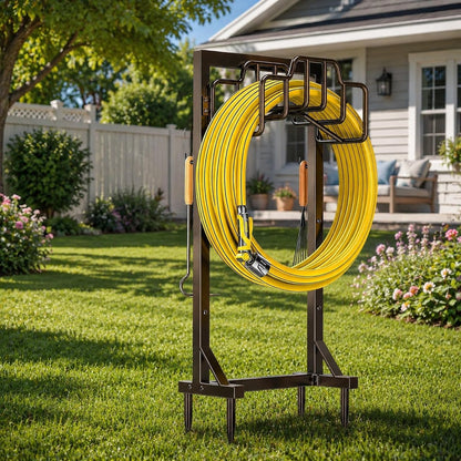 Skycarper Garden Hose Reel Holder Detachable Metal Water Hose Hanger Organizer Heavy Duty Free Standing Hose Stand (Deep Black)