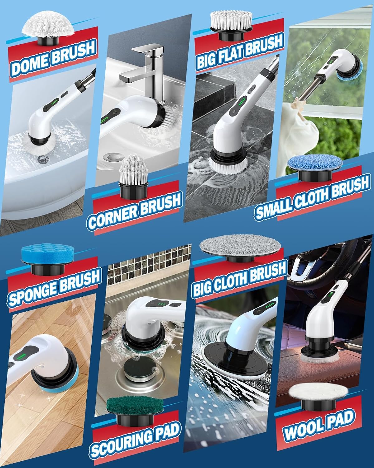 Electric Spin Scrubber, IPX7 Cordless Power Cleaning Brush, Dual Speed Electric Shower Scrubber with 8 Brush Heads, USB-C Charging and Retractable Handle for Tile & Bathtub