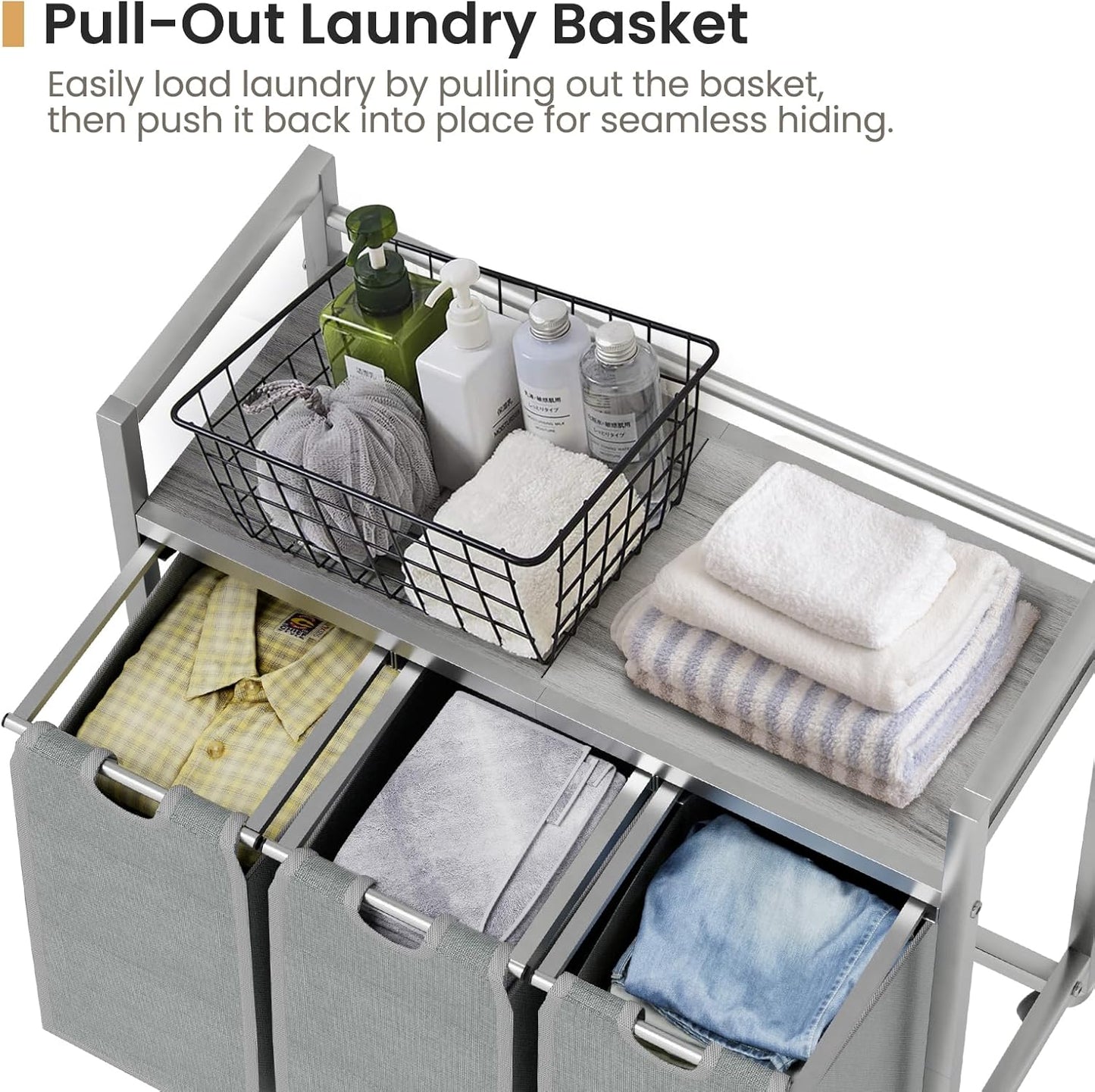 SwaaVee Laundry Sorter, Laundry Hamper 3 Section, 3×11.4Gal, Metal Frame Rolling Laundry Basket with Wooden Top Shelf, Pull out and Removable Laundry Bags, 3 Bags-Gray