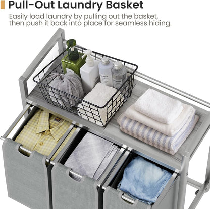 SwaaVee Laundry Sorter, Laundry Hamper 3 Section, 3×11.4Gal, Metal Frame Rolling Laundry Basket with Wooden Top Shelf, Pull out and Removable Laundry Bags, 3 Bags-Gray