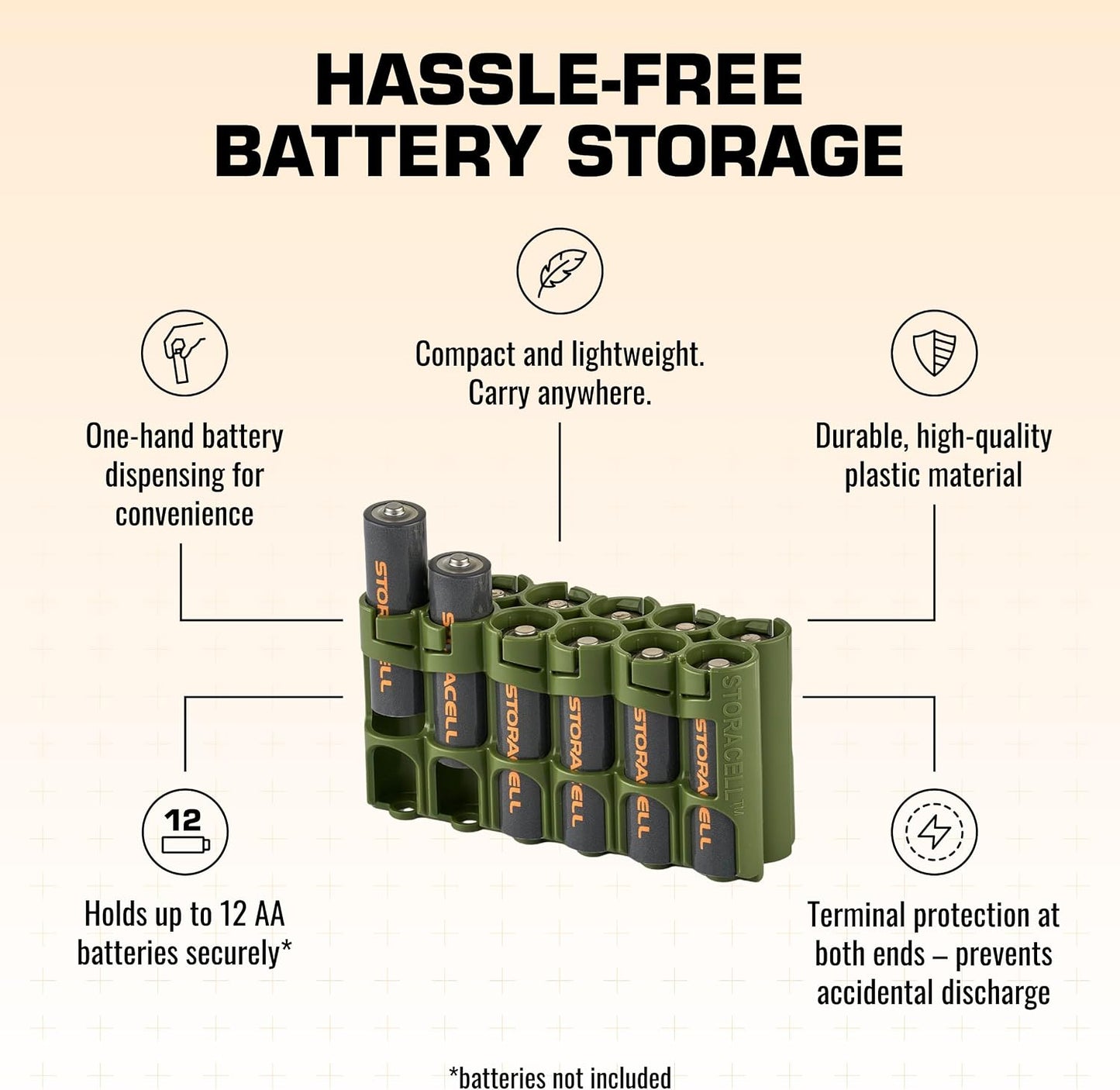 AA Battery Storage Caddy by Storacell, Orange, Holds 12 Batteries (Not included)