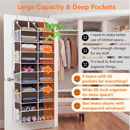 Over The Door Organizer, 5-Tier Extra Large Behind Door Storage with 10 Big Front & 10 Mesh Pockets, 80lb Capacity, Hanging Storage Organizer with Clear Window Kids Toys, Shoes, Diapers, Light Grey