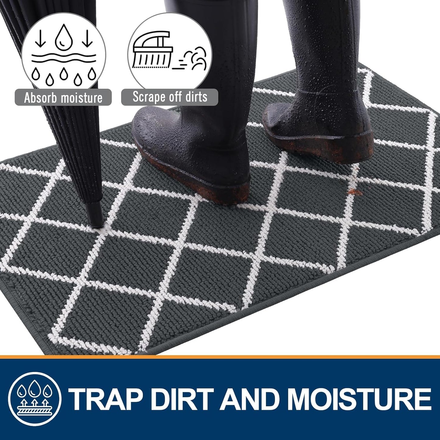 Finchitty Indoor Door Mat, Dirt Resistant and Absorbent, Low-Profile, Non-Slip, Washable Inside Floor Mats for Front Door, Back, and Entrance, 32" x 20", Grey