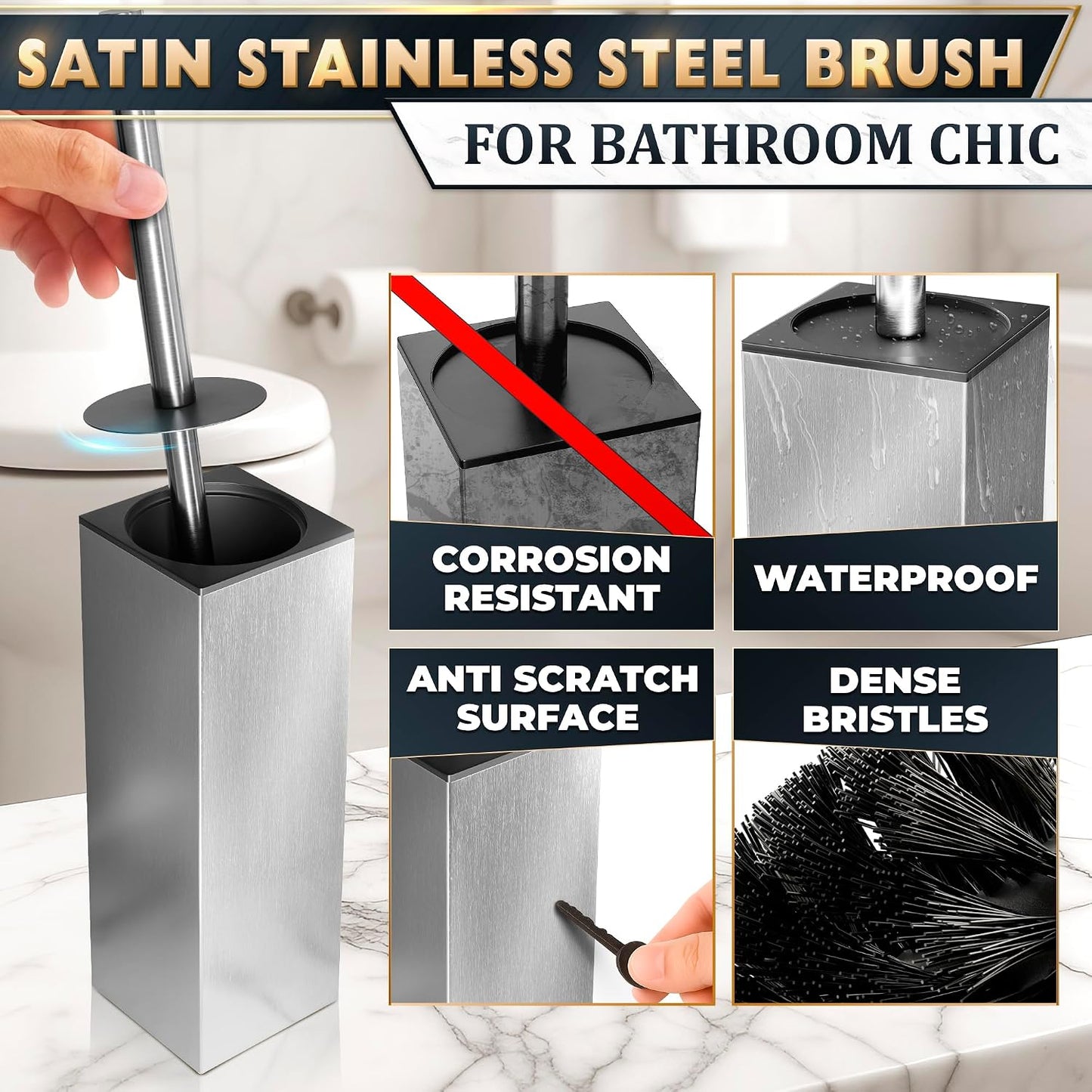 Black Toilet Brush and Holder Set - Slim Matte Design that Fits Anywhere - Stainless Steel Toilet Bowl Brush and Holder with 2 Rounded Corners, Replaceable Head, Removable Inner Bowl & Splash Guard