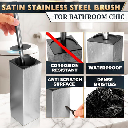 Black Toilet Brush and Holder Set - Slim Matte Design that Fits Anywhere - Stainless Steel Toilet Bowl Brush and Holder with 2 Rounded Corners, Replaceable Head, Removable Inner Bowl & Splash Guard